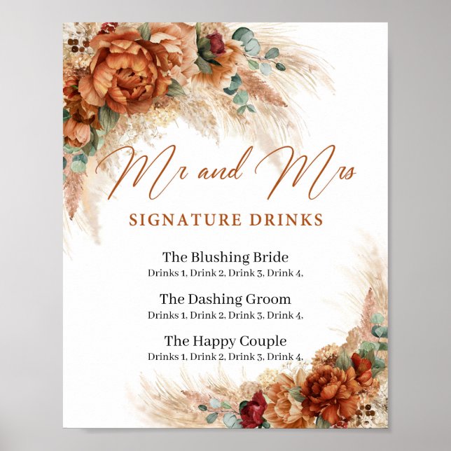 Póster Boho Terracotta pampas bebidas con la firma de Mr  (Frente)