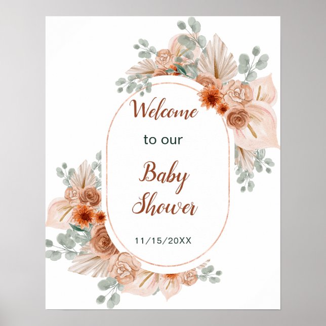 Póster Boho Terracotta Pampas Grass Baby Shower (Frente)