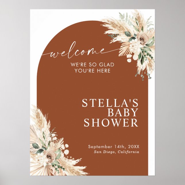 Póster Boho Terracotta Pampas Grass Baby Shower Poster (Frente)