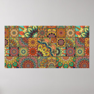 Póster Boho tile set and seamless pattern. Colorful patch