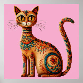 Póster Boho Tribal Cat Cute Folk Art with Flowers
