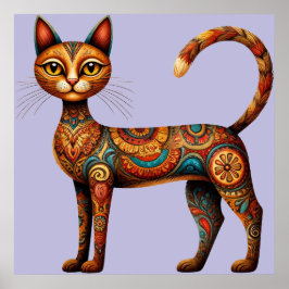 Póster Boho Tribal Cat Cute Folk Art with Flowers