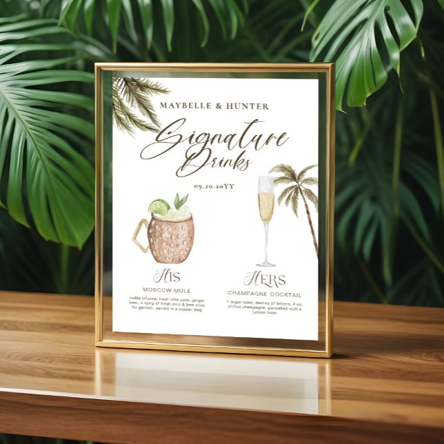 Póster Boho Tropical Watercolor Signature Bebe Boda (Boho Tropical Watercolor Signature Drinks Wedding Acrylic Sign)