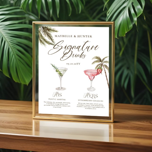 Póster Boho Tropical Watercolor Signature Bebe Boda (Boho Tropical Watercolor Signature Drinks Wedding Poster)