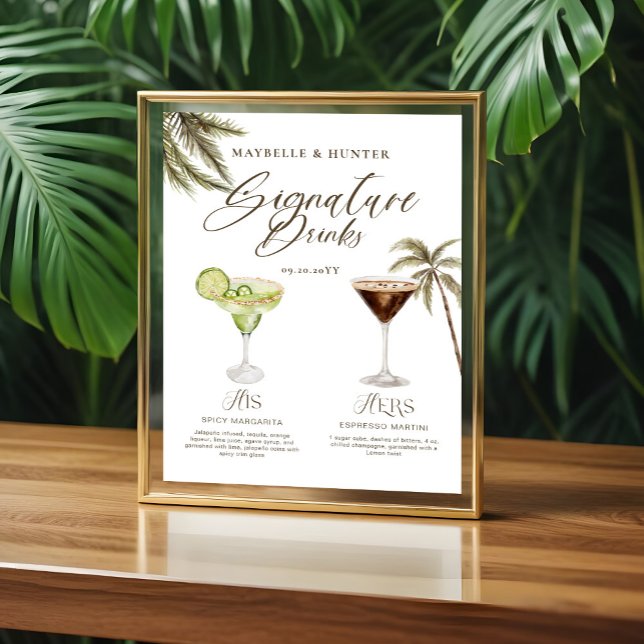Póster Boho Tropical Watercolor Signature Bebe Boda (Boho Tropical Watercolor Signature Drinks Wedding Acrylic Sign)