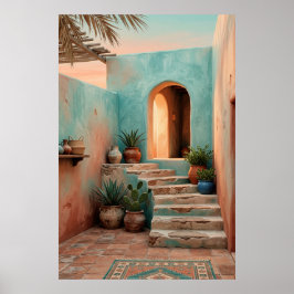 Póster Boho Turquoise Desert Courtyard, Rustic Staircase 