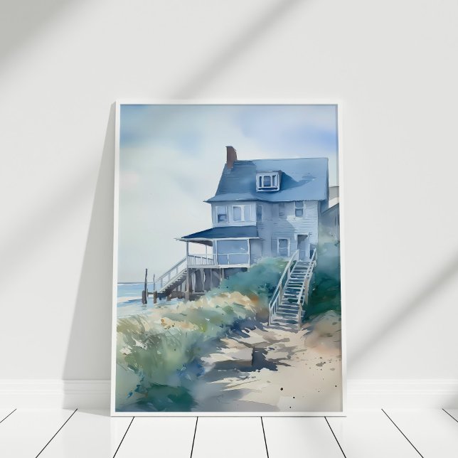 Póster Boho Watercolor Beach House Art (Boho Watercolor Beach House Art Poster on a wooden floor in white frame.)