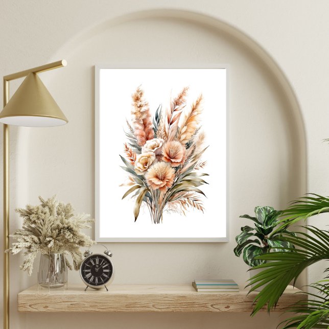 Póster Boho Watercolor Beige Cream Marrón Botánico Floral (Boho Floral Botanical Cream Brown Beige Bouquet Wall Art Poster Print. Printed or Digital Download)