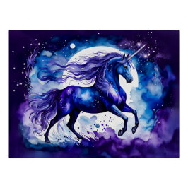 Póster Boho Watercolor Majestic Azul Unicornio bajo estre
