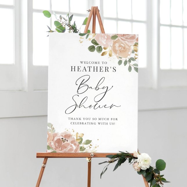Póster Boho Watercolor Mauve Feach Baby Shower (Boho Watercolor Mauve Peach Flowers Baby Shower Poster)