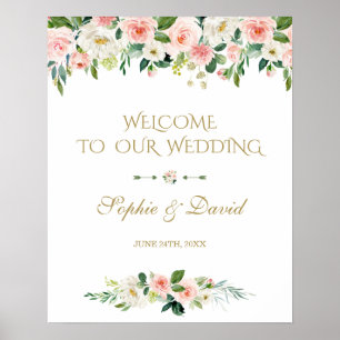 Póster Boho Watercolor Pink Floral Welcome Wedding Sign