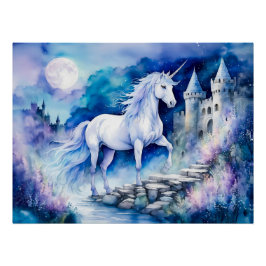 Póster Boho Watercolor White Unicorn Cerca Del Castillo A