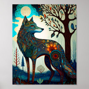 Póster Boho Wolf Surreal Wildlife Art Poster