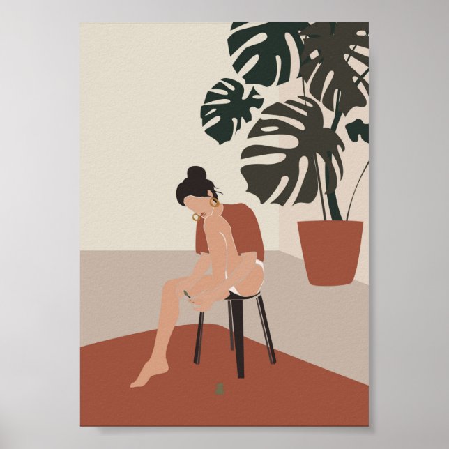 Póster Boho Woman and Monstera Plants Moda de verano (Frente)
