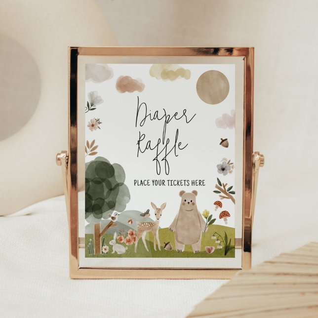 Póster Boho Woodland Baby Shower Diaper Raffle (Boho Woodland Animals Baby Shower Diaper Raffle Sign)