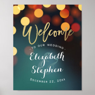 Póster Bokeh de oro verde azulado Bienvenida Boda Rótulo