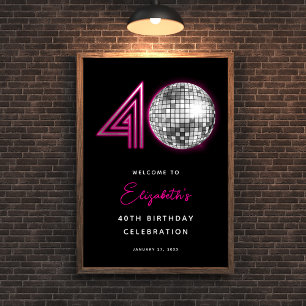 Póster Bola de Discoteca de Neón Rosa Cumpleaños 40 Cuare
