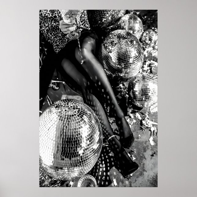 Póster Bola de discoteca en blanco y negro, cóctel (Frente)