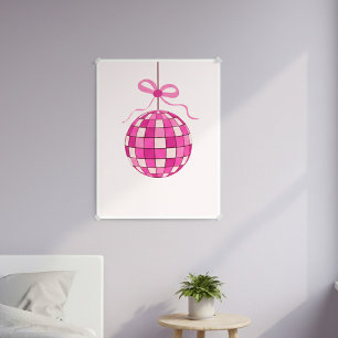 Póster Bola de discoteca rosa caliente con lazo coquette