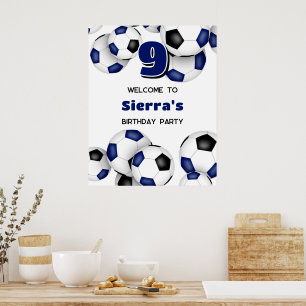 Póster bolas azules de fútbol negro niños fiesta de cumpl