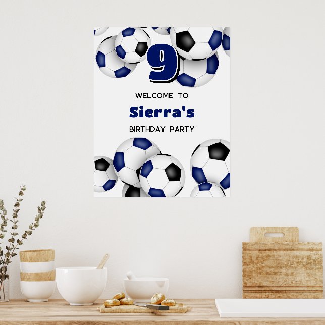 Póster bolas azules de fútbol negro niños fiesta de cumpl (Cocina)