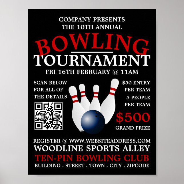 Póster Bolas y bolas, Torneo de bolos de 10 pines (Frente)