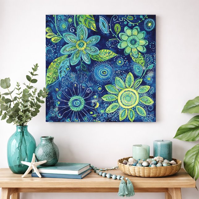 Póster Bold Blue Green Floral Folk Art  (Blue and green abstract floral wall art print)