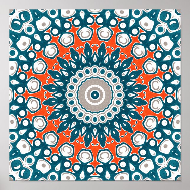 Póster Bold Teal and Coral Symmetrical Mandala (Frente)