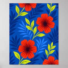 Póster Bold Vermilion Red Florals with Elegant Leaves