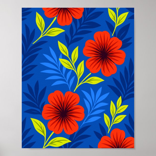 Póster Bold Vermilion Red Florals with Elegant Leaves (Frente)