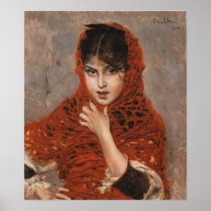 Póster Boldini - Muchacha con chal rojo