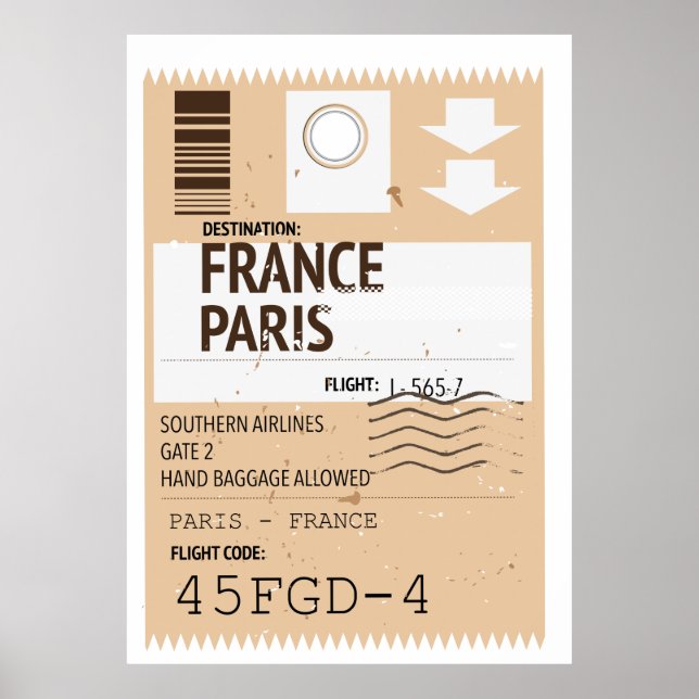Póster boleto de avión a París Francia (Frente)