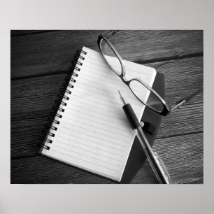 Póster Bolígrafo y lentes para el Bloc de notas en blanco
