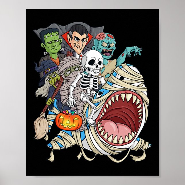 Póster Bomba de Halloween con vampiro de tiburón zombi mo (Frente)