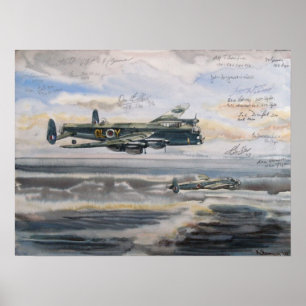 Póster Bombardero de Lancaster sobre plumas bombardeadas