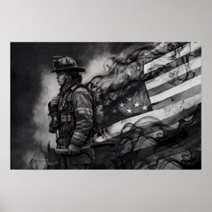 Póster Bombera Humo Bandera Americana Tributo