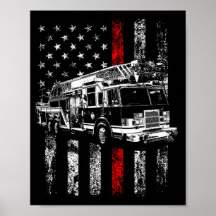 Póster Bombero bandera americana línea roja delgada bombe