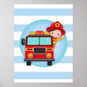 Póster Bombero Camión de Bomberos Pelo Castaño Niño