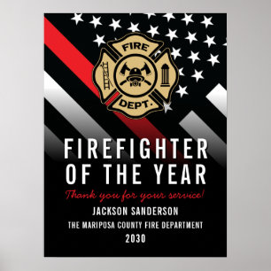 Póster Bombero del Año Logotipo Empleado Línea Roja