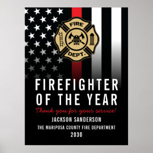 Póster Bombero del Año Logotipo Empleado Línea Roja