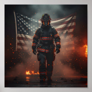 Póster Bombero Heroico con Bandera Americana Patriótica 