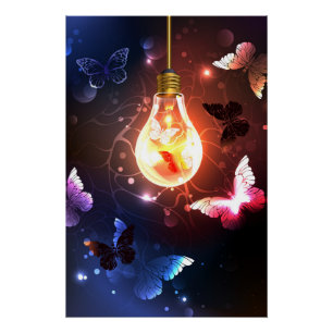 Póster Bombilla brillante con mariposas nocturnas