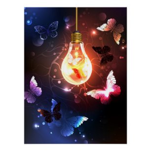 Póster Bombilla brillante con mariposas nocturnas