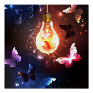 Póster Bombilla con Mariposas Nocturnas Brillantes
