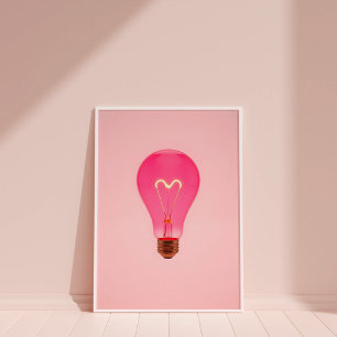 Póster Bombilla Estética Rosa Con Filamento Cardíaco