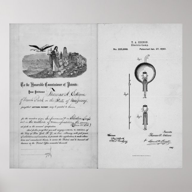 Póster Bombilla incandescente de Thomas Edison Patent (Frente)