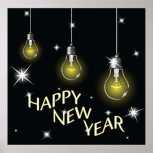 Póster Bombillas Modernas Brillantes Feliz Año Nuevo