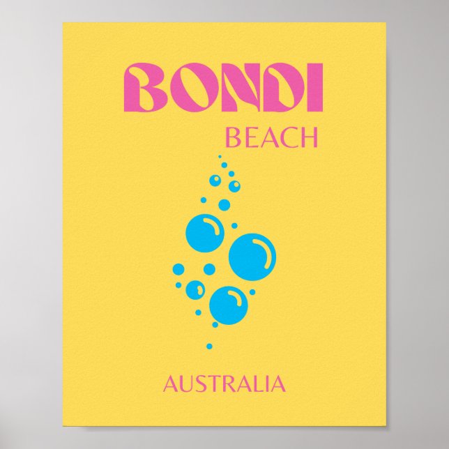 Póster Bondi Beach, Travel Art, Preppy, Amarillo, Rosa (Frente)