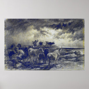 Póster Bonheur - Un vaquero conduciendo ganado