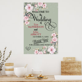 Póster Bonita Bienvenida de Boda Floral Verde Salvia